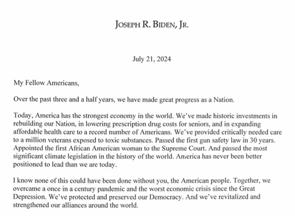 조 바이든 미 대통령이 21일 발표한 대국민 편지. 