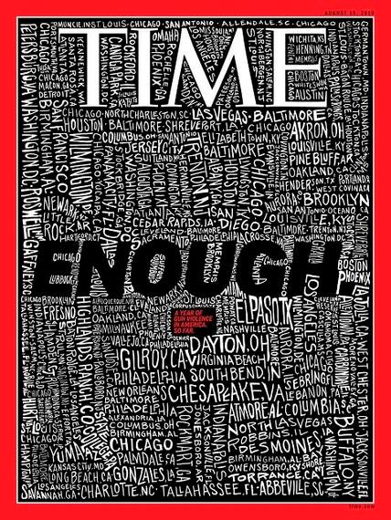 2019년 8월의 '타임' 표지 - 당시까지 8개월 동안 미국에서 총기난사 사건이 벌어진 도시 253개로 가득찼다.  