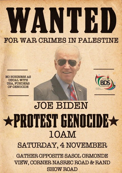 바이든을 비판하던 미국 반전평화 시위 포스터 - 여론조사에서 미국 18~29세 청년의 70%가 바이든의 이스라엘 정책을 반대했다. 