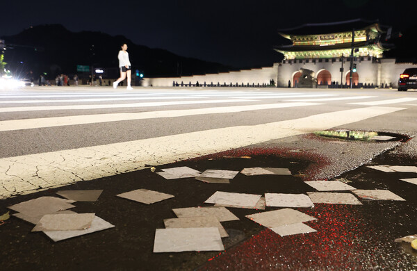 21일 서울 광화문 광장 부근에 북한이 날려보낸 것으로 추정되는 쓰레기 풍선의 휴지가 떨어져 있다. 2024.7.21. 연합뉴스