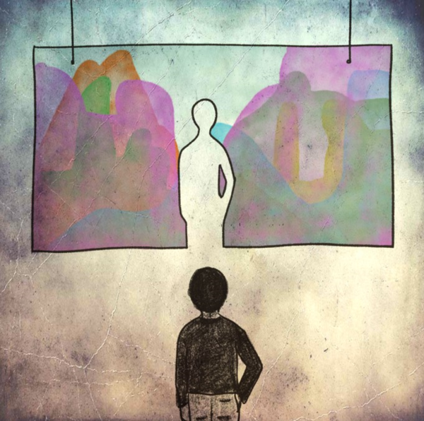 작가이자 화가인 이현지의 우화집 '주머니 인간'에 실린 ‘주인공 인간’ 편 삽화. ‘주인공 인간’은 자기 세계의 주인이며 배경과 조연들은 자신을 위해 존재한다고 생각하지만, 자신의 ‘작품’에서 빠져나왔을 때 자신의 풍경을 진정으로 마주할 수 있다. © 이현지