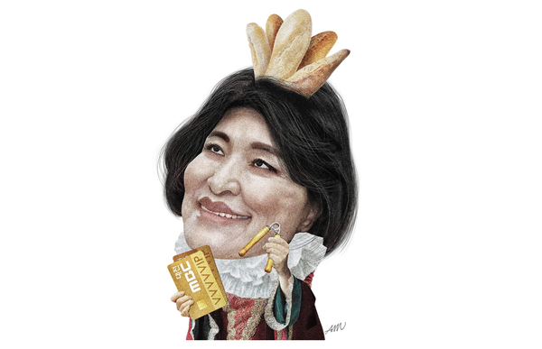 이진숙 방송통신위원회 내정자를 풍자한 'Art Mandoo'의 페이스북 그림 갈무리.  법인카드로 구입해 유용 의혹을 사고 있는 빵으로 왕관을 하고, MBC대전 법인카드를 들고 있는 풍자화다.  