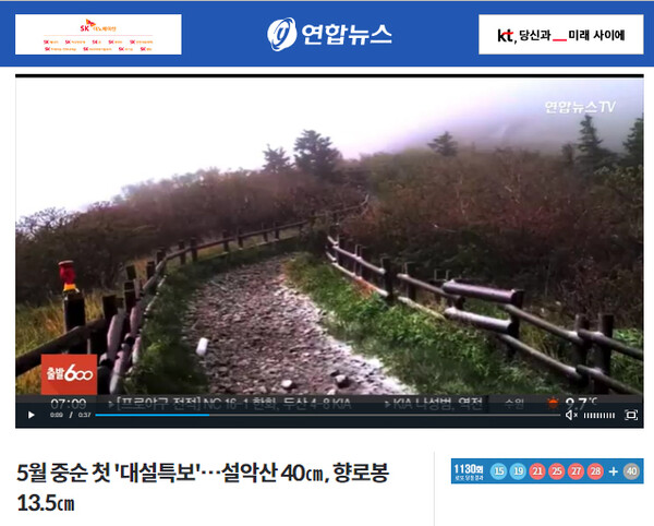 올해 5월 향로봉 강설 관련 뉴스 화면.