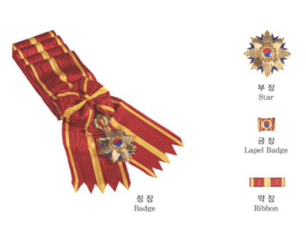 건국훈장 1등급 대한민국장. 정장, 부장, 금장, 약장으로 구성돼 있다. [국가보훈부 제공]