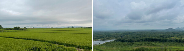 통일걷기에서 마주한 철원평야와 평화전망대에서 본 북한 평강고원과 산들.