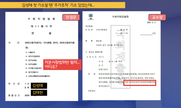 김성태 전 쌍방울그룹 회장이 2023년 2월 기소될 당시엔 자본시장법 위반 혐의(주가 부양을 통한 시세차익 뒤 내부자 지분 거래)가 포함되어 있었지만 지난달 수원지검 신진우 부장판사가 선고할 때는 이 부분에 대한 판단이 안 보인다. 리포액트