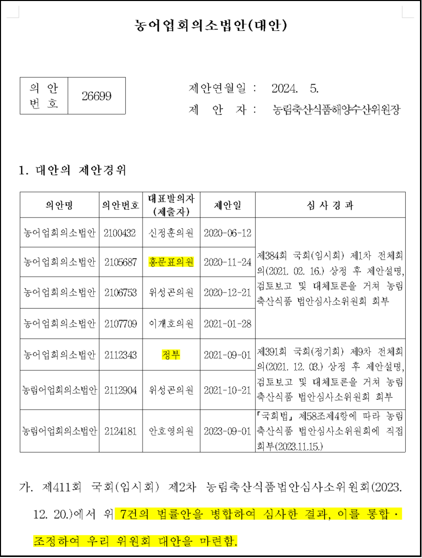 지난 28일 국회 본회의를 통과한 농어업 회의소 법안. 하루 만인 29일 윤석열 대통령이 거부권을 행사했다. 법안 설명에는 여야 국회의원과 정부가 총 7개 법안을 발의해 이를 통합, 조정했다고 명시돼 있다. 2024.5.29. 국회 의안정보시스템