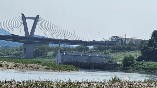 다리 아래 중앙의 회색건물이 세종보 수문. 지금은 개방돼 있다.