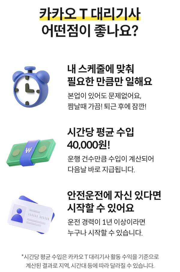 카카오대리기사 모집광고 인터넷 홈페이지 갈무리. 시간당 4만원이라는 과장광고가 눈에 띈다.