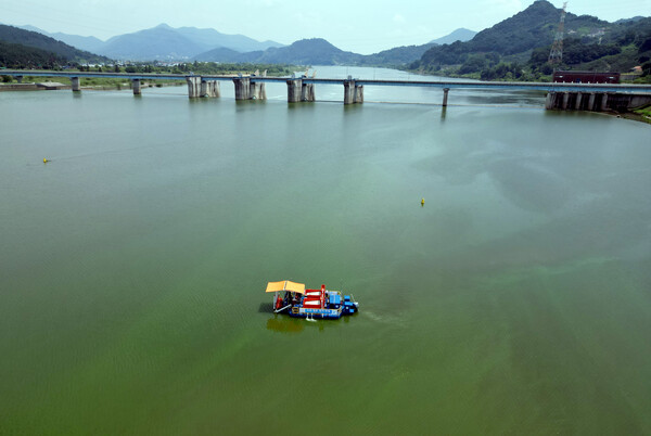 폭염이 이어지는 8일 경남 함안군 칠서면과 창녕군 남지읍 경계에 있는 창녕함안보 주변에서 녹조제거선이 운영되고 있다. 녹조제거선은 한국수자원공사(K-Water) 낙동강유역본부가 환경부의 위탁을 받아 오는 10월까지 운영한다. 2024.8.8. 연합뉴스