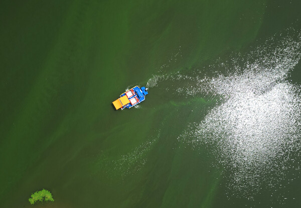 폭염이 이어지는 8일 경남 함안군 칠서면과 창녕군 남지읍 경계에 있는 창녕함안보 주변에서 녹조 제거 작업을 벌이고 있는 녹조제거선. 2024.8.8. 연합뉴스