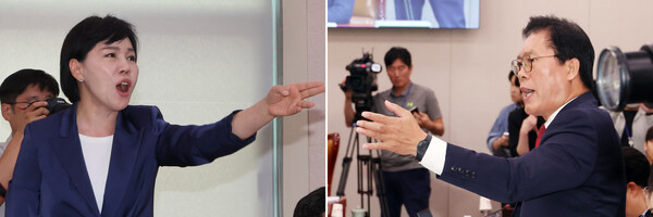 14일 오전 국회 법제사법위원회에서 권익위원회 고위 간부 사망과 관련한 의사진행발언을 하던 더불어민주당 전현희 의원(왼쪽)과 이에 항의하며 발언을 방해한 국민의힘 송석준 의원(오른쪽)이 설전을 벌이고 있다. 2024.8.14. 연합뉴스