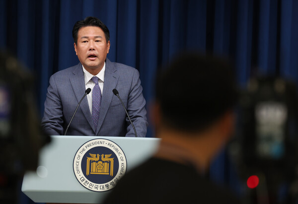 김태효 국가안보실 제1차장이 18일 서울 용산 대통령실 청사에서 '캠프데이비드 정상회의' 1주년 한미일 협력 성과 등 현안에 대해 브리핑하고 있다. 2024.8.18. 연합뉴스