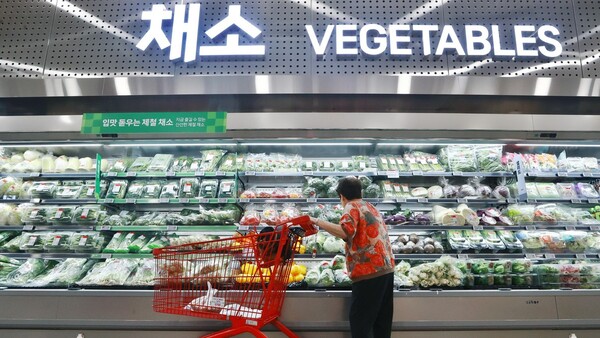 21일 서울 시내 한 대형마트에서 한 고객이 가격이 크게 오른 채소 코너를 둘러보고 있다. 2024.8.21. 연합뉴스