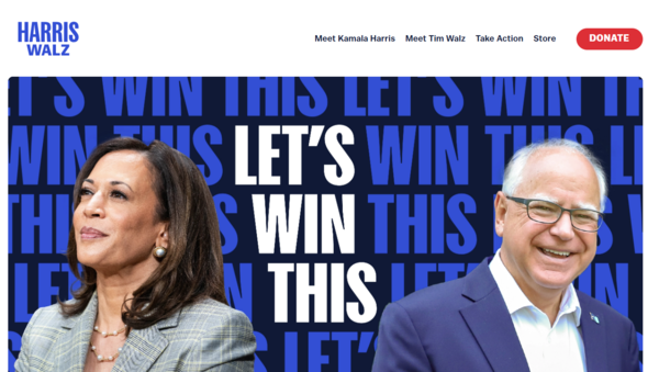 카멀라 해리스-팀 월즈 캠프의 정치자금 모금 캠페인 누리집 간판. 2024.8.27. [해리스 선거캠프 누리집] 시민언론 민들레 