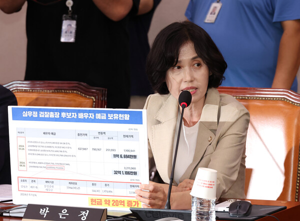 23일 오전 열린 국회 법제사법위원회 전체회의에서 조국혁신당 소속 박은정 의원이 의사진행 발언을 하며 심우정 검찰총장 후보자의 배우자 예금 보유현황을 제시하고 있다. 2024.8.23. 연합뉴스