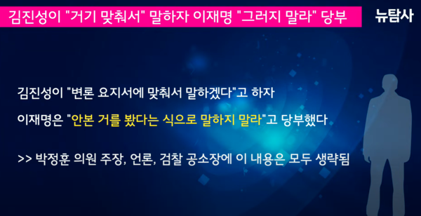 2018년 12월 당시 이재명 경기도지사와 김진성 전 성남시장 수행비서가 전화 통화로 나눈 대화의 녹취록. 뉴탐사 화면 갈무리