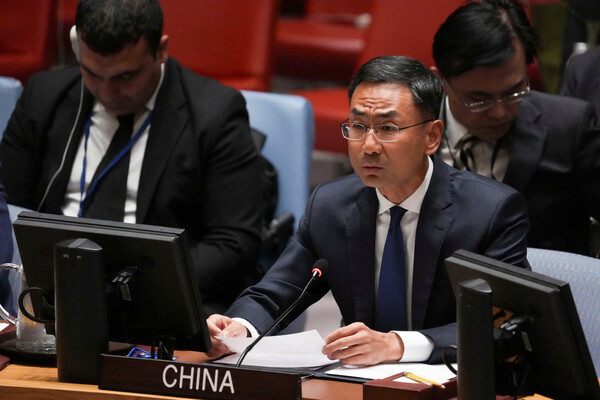 중국의 겅솽 주유엔 차석대사가 4일(현지시간) 뉴욕 유엔본부에서 진행된 안전보장이사회 회의에서 발언하고 있다. 2024. 09. 04 [로이터=연합뉴스]