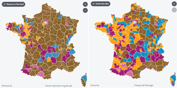 프랑스 총선 결과. 왼쪽은 전체 577개의 선거구에서 1차 투표에서 1위를 차지한 정당색으로, 오른쪽은 결선투표 당선자 정당색으로 표현한 것이다. 1차 투표에서 프랑스 전국을 물들인 국민연합의 밤색은 결선 투표에서 상당수 줄었다. 노란색은 중도연합 앙상블, 보라색은 신인민전선이다. 파란색은 우파 공화주의자들(LR), 분홍색은 신인민전선 지지가 강한 선거구이다. 2024.7.8. 출처 르몽드 