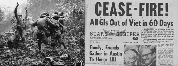 왼쪽. 1968년 후에 부근에서 악전고투하는 101 공수여단의 모습. 오른쪽, 1973년 1월 27일. 베트남 종전협상 완료 소식을 전하는 성조지 1면