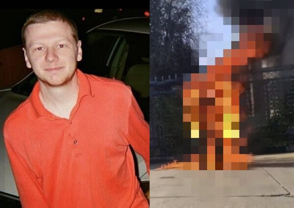 애런 부시넬의 생전의 모습(왼쪽)과 지난 25일 워싱턴의 이스라엘 대사관 정문 앞에서 군복차림으로 선채로 분신하는 장면. 시위에 참여했던 지인들이 페이스북 계정에 올려 놓은 사진을 뿌옇게 처리했다. 2024.2.25. [부시넬 페이스북 계정] 시민언론 민들레