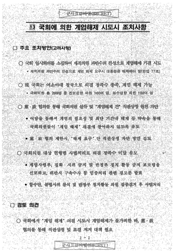 국군기무사령부가 비밀리에 작성한 대비계획 세부자료. 합동수사본부장(방첩사령관)이 통제하는 합수단이 불법시위 참석 및 반정부 정치활동 의원을 집중 검거해 의결 정족수 미달을 유도한다는 상세한 계획이 나와 있다. 2024.8.26. 시민언론 민들레