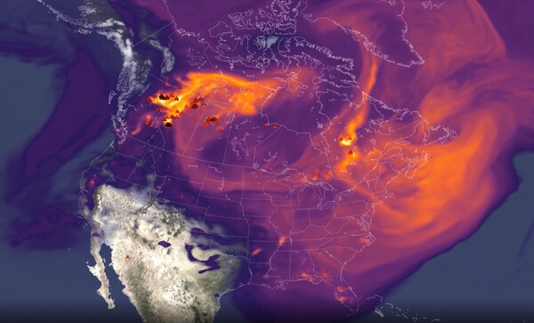 지난해 여름 캐나다 북서부에서 동부에 이르는 광대한 지역에서 발생한 대형 산불들이 내뿜은 탄소가 멕시코 위쪽 북미대륙 전체를 휘감고 대서양 쪽으로 흘러가고 있는 모습.   미국항공우주국(NASA) 고다드 우주비행센터 