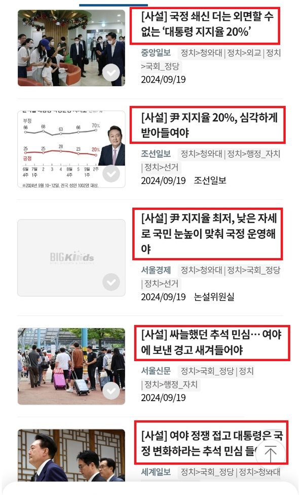 빅카인즈 '지지율 20%' 검색 결과 나온 주류언론들의 사설. 