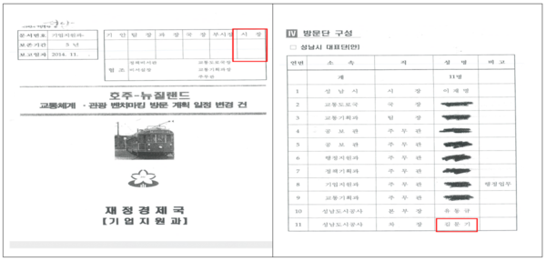 2014년 12월 24일 성남시가 수정한 한글파일. 오른쪽 명단에 이○○씨가 김문기로 수정됐다. 해당 자료는 이재명 당시 성남시장의 결재를 따로 받지 않았다. 결재 도장 등도 없다. 2024.5.13. 민주당 정치검찰 사건 조작 특별대책단