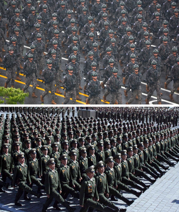 (위)지난해 9월26일 열린 국군의 날 기념 퍼레이드에서 국군 장병들이 서울 중구 세종대로에서 시가 행진을 하고 있다. (아래) 북한 군인들이 2005년 10월10일 평양의 김일성 광장에서 열린 북한 조선노동당 창건 60주년 기념 열병식에서 퍼레이드를 벌이고 있다. 연합뉴스 