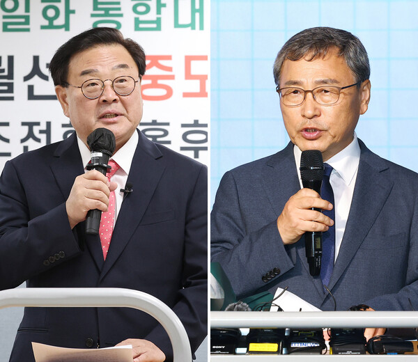 10월 16일 서울시교육감 보궐선거에 보수 단일 후보로 추대된 조전혁 전 한나라당 의원(왼쪽)과 진보진영 단일화 후보로 확정된 정근식 서울대 명예교수가 25일 각각 여의도 산림비전센터과 마포구 가온스테이지에서 단일화 후보로 확정된 뒤 소감을 말하고 있다. 2024.9.25. 연합뉴스