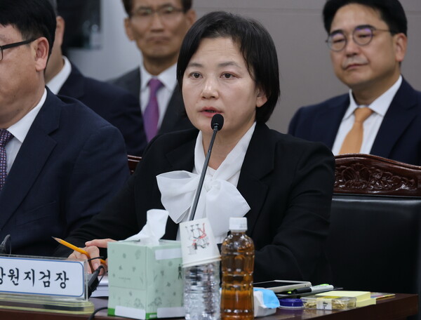 정유미 창원지검장이 지난 17일 대구지검 신관 7층에서 열린 국회 법제사법위원회의 대구고검 등에 대한 국정감사에서 답변하고 있다. 2024.10.17. 연합뉴스