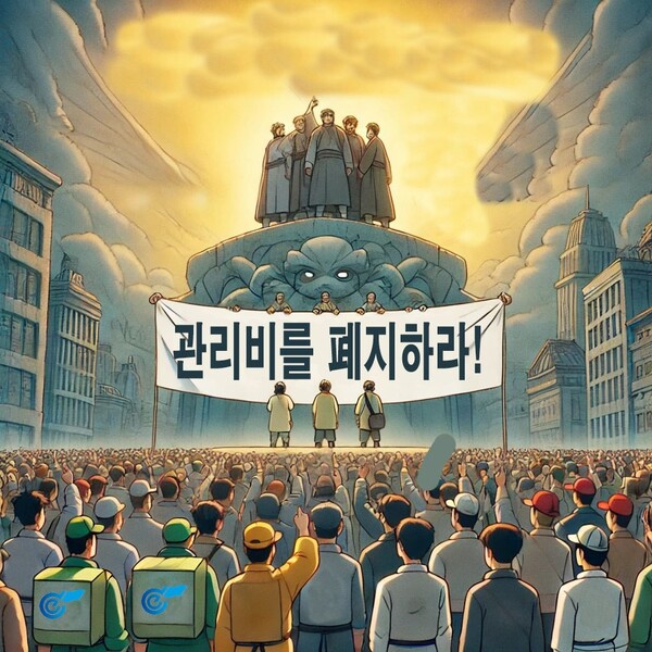 대리기사 착취의 대표적인 항목 관리비 폐지 요청하는 집회현장을 그린 AI 그림. 전국대리운전노동조합