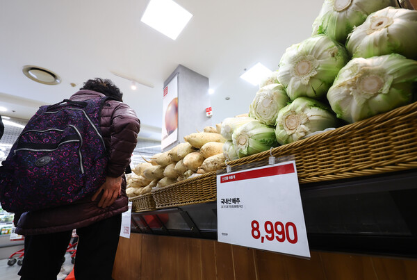 김장철을 앞두고 배추, 무 등 김장 채소 가격이 1년 전보다 크게 올랐다. 서울 시내 마트에서 한 주부가 진열된 배추와 무를 살펴보고 있다.  2024.10.20. 연합뉴스