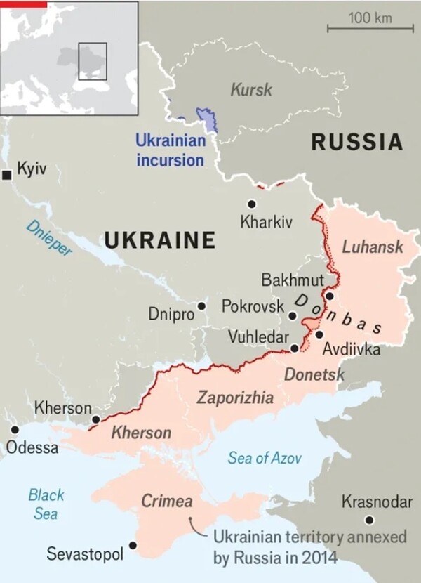 2023년과 2024년 우크라이나 전장의 변화.돈바스 전선에서 러시아가 약간 전진히고, 북쪽 쿠르스크 쪽으로 우크라군이 진입한 것(푸른색) 외에 큰 변화는 없다. 연분홍색은 러시아군이 점령한 우크라 영토.  '이코노미스트' 2024년 9월 26일