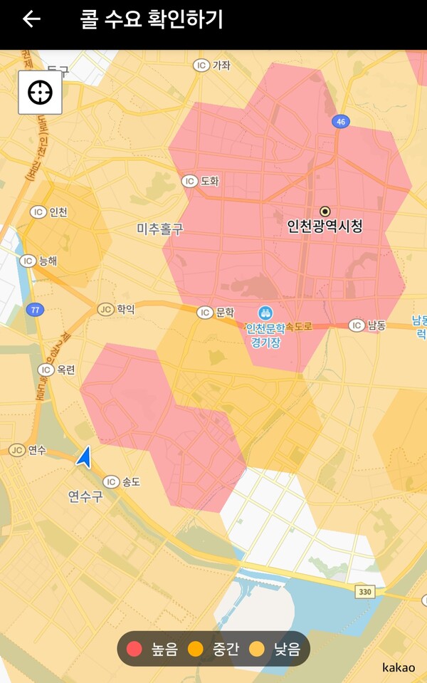 카카오대리기사용 어플에서 대리기사 요청 수요를 가늠할 수 있는 대리수요지도. 이득신작가
