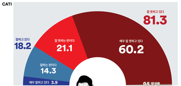 지난 4일 발표된 여론조사 꽃의 11월 1주 차 전화면접 정기여론조사 결과. 윤석열 대통령의 직무수행평가는 긍정 18.2%, 부정 81.3%를 기록했다. 2024.11.04. 여론조사 꽃