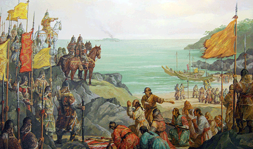 항파두리 항몽 유적 전시실에 있는 삼별초 기록화 가운데 6번째 '고려인이 몽골인을 몰아내는 모습' [제주특별자치도]