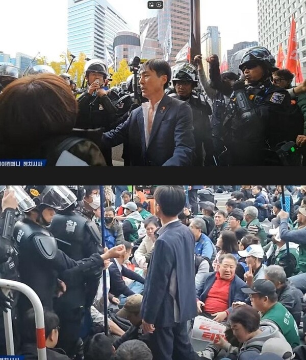 사회민주당 대표인 한창민 의원이 지난 9일 서울 숭례문 일대에서 열린 '2024 전국노동자대회·1차 퇴진 총궐기' 집회에 참석했다가 경찰에 폭행당해 상의가 여기저기 찢겨져 있다. 사진=사회민주당 페이스북