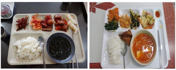시화공단에 소재한 외부 식당의 식단 모습. 왼쪽 사진의 미역국은 메뉴에는 소고기 미역국으로 되어 있지만 소고기는 없었다. 오른쪽 사진의 국은 메뉴에는 순두부찌개로 되어 있었지만 김치두부탕이었다. 손정순.