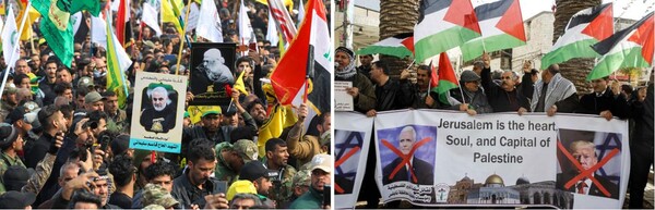 사진 왼쪽: 2020년 1월 4일. 술래이마니 사령관 장례식. 이란 테헤란. 오른쪽: 2018년 1월 17일. 서안 나불루스. ‘예루살렘은 팔레스타인의 마음과 영혼, 그리고 수도’라는 현수막을 들고 부통령 펜스의 예루살렘 방문에 항의하는 팔레스타인 시위대