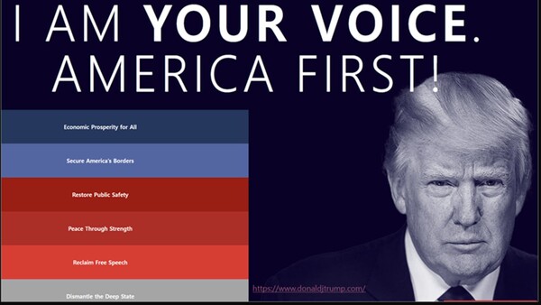 "나는 당신들의 목소리입니다. 아메리카 퍼스트!"  도널드 트럼프 당선자의 홈페이지에 소개한 주요 공약의 주제를 적어 놓았다. 맨 위부터 모두를 위한 경제적 번영, 미국 국경의 안전, 공공안전의 복원, 힘에 의한 평화, 표현의 자유 회복 순이다.  2024.11.11. 트럼프 홈페이지(www.donaldtrump.com/) 시민언론 민들레 