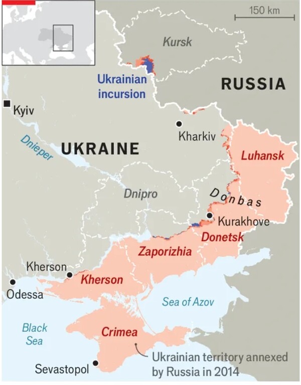 지난 11월 6일 현재의 전황. 분홍색은 러시아가 점령하고 있는 우크라이나 영토. 그 언저리의 가느다란 주홍색들은 러시아군이 새로 확보했다는 지역. 위쪽 푸른색 영역은 우크라이나군이 8월 6일 이후 밀고 들어가 점령하고 있는 러시아 쿠르스크 주 지역. 그 주변 분홍색과 주홍색은 현재 양쪽 군 공방이 진행되고 있는 상태를 표시한다.   이코노미스트 11월 7일  