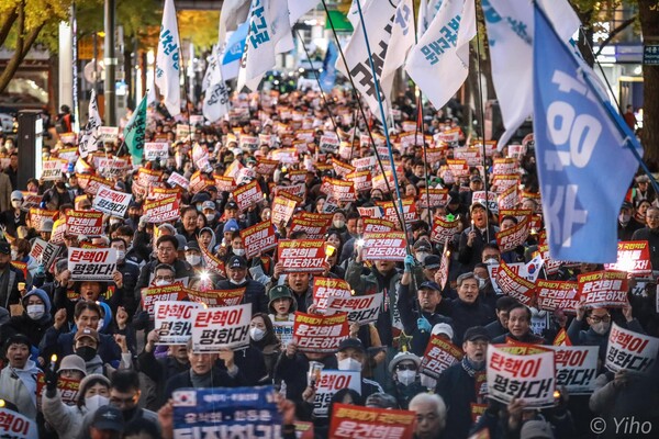 23일 오후 서울 중구 시청역 앞에서 열린 '윤석열 퇴진 김건희 특검 116차 촛불대행진'에 참가한 시민들이 행진하고 있다. 2024.11.23. 사진 이호 작가