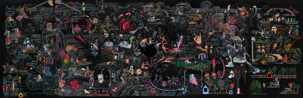 김은진, 신의 자리_인산인해 2, 2020, 아크릴, 자개, 나무 패널, 107.5×326×3.5cm