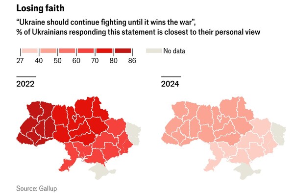 '러시아를 물리칠 때까지 계속 싸워야 한다'는 응답자 비율 분포도. 붉은 색이 진할수록 러시아를 물리칠 때까지 싸우자는 응답이 많은 지역이고 옅은 쪽은 그 반대. 2022년 조사 때는 거의 붉은색 일색이었으나 2024년 조사에선 전 지역에서 그 비율이 크게 떨어졌다.   이코노미스트 11월 20일