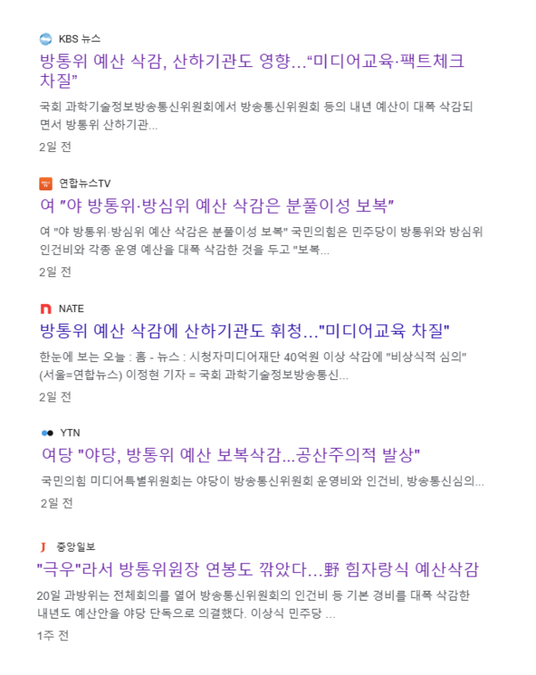 야당의 방통위 내년 예산 삭감을 다룬 주류 언론의 기사들. 구글 검색화면 갈무리. 