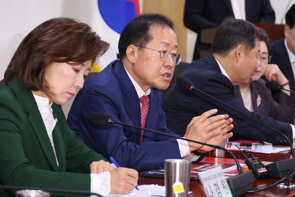 홍준표 대구시장(왼쪽 두 번째)이 12일 오전 서울 여의도 국회 의원회관에서 열린 '인구와 기후 그리고 내일' 정기포럼에서 '대구시 신산업 전환과 ABB 과학 행정'을 주제로 기조연설하고 있다. 2024.11.12. 연합뉴스