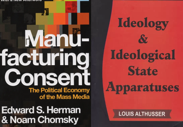 왼쪽: E. 허먼, N. 촘스크 공저 ‘여론조작’ 오른쪽: L 알튀세. 이데올로기와 이데올로기적 국가기구. 책 표지