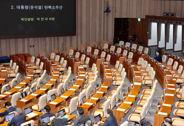 7일 오후 국회 본회의에서 대통령 탄핵소추안에 대한 더불어민주당 박찬대 원내대표의 제안 설명 때 국민의힘 의원들이 퇴장해 의석이 비어 있는 가운데 국민의힘 안철수 의원이 홀로 자리를 지키고 있다. 2024.12.7. 연합뉴스